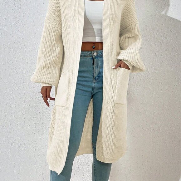 Beige Casual Women's Dual Pocket Drop Shoulder Open Front Cardigan - Picture 4 of 8